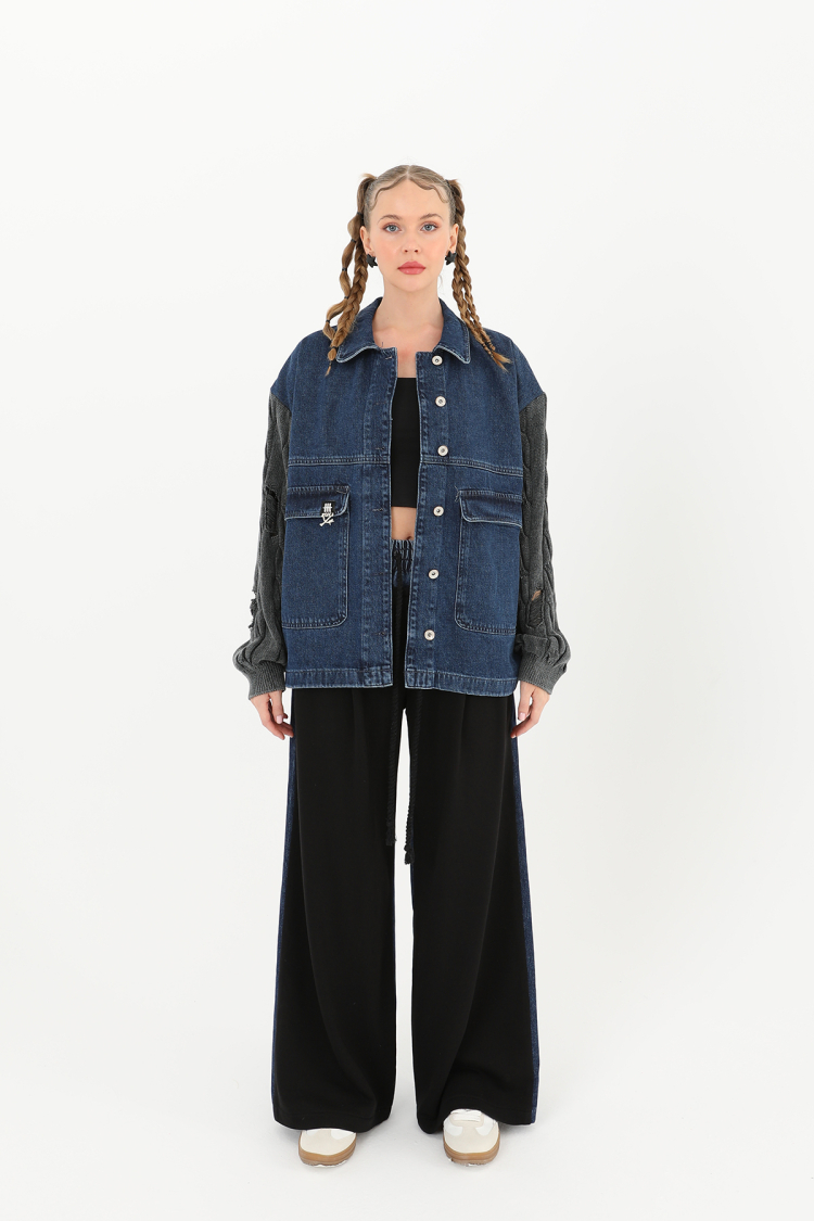 Knitted Sleeve Detailed Denim Jacket -& Blue