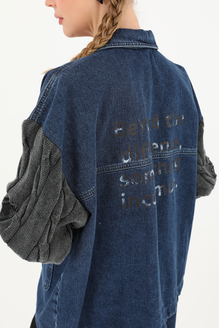 Knitted Sleeve Detailed Denim Jacket -& Blue