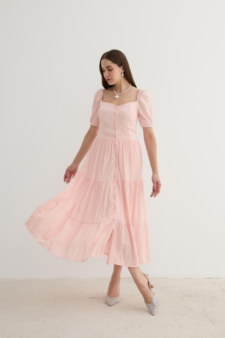 Women's Short Sleeve Button Detailed Midi Dress