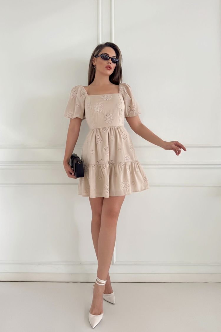 Square Collar Balloon Sleeve Embroidered Dress - STEPS - Globality Store - Women Clothes Wholesale Turkey