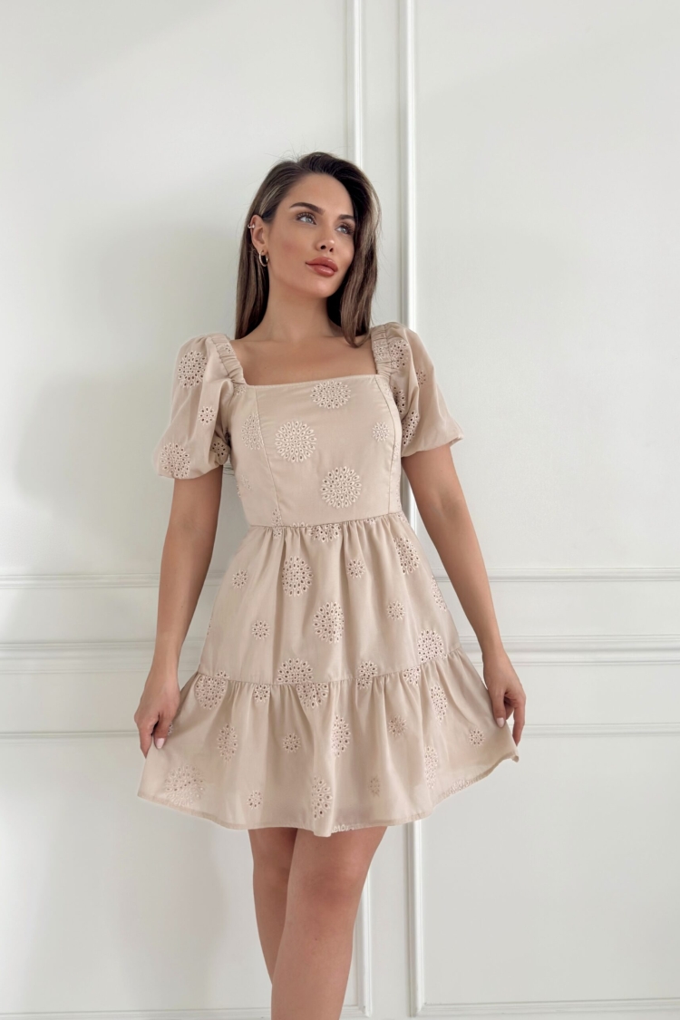 Square Collar Balloon Sleeve Embroidered Dress