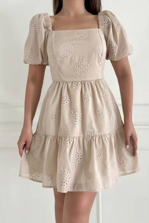 Square Collar Balloon Sleeve Embroidered Dress - STEPS - Globality Store - Women Clothes Wholesale Turkey