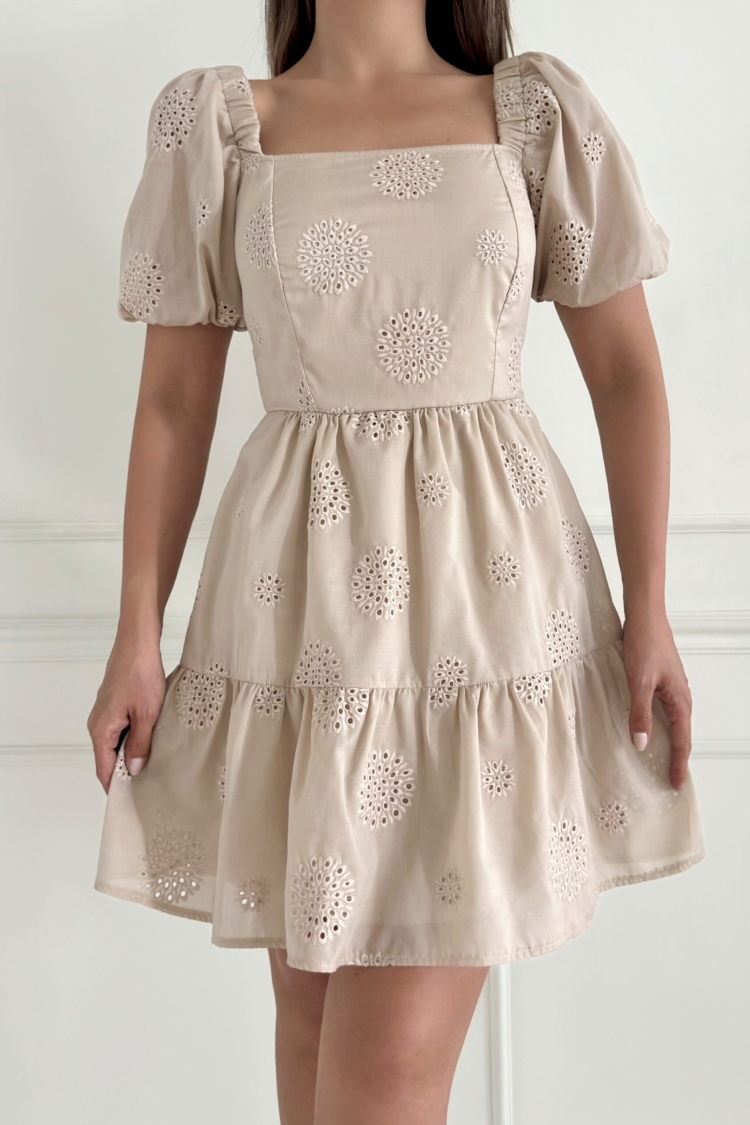 Square Collar Balloon Sleeve Embroidered Dress