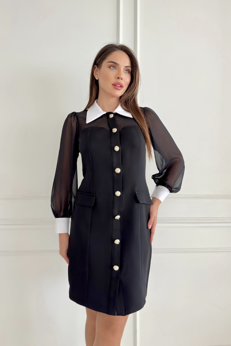 Cuff Collar Detail Front Button Double Dress - STEPS - Globality Store - Women Clothes Wholesale Turkey