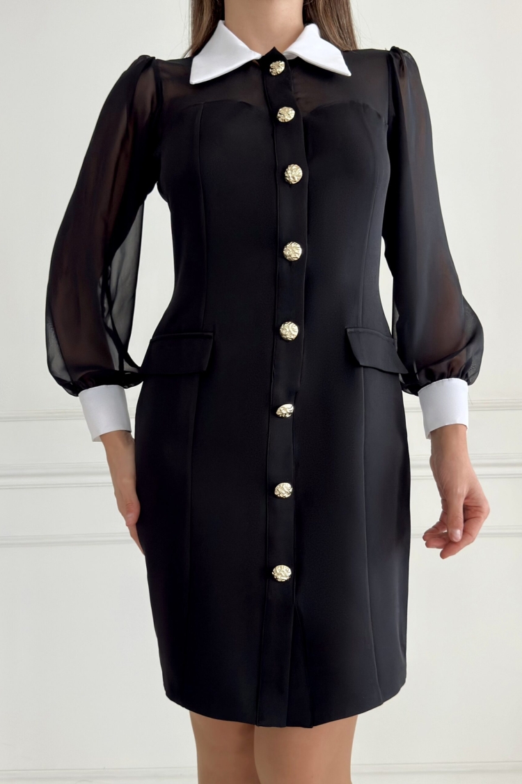 Cuff Collar Detail Front Button Double Dress