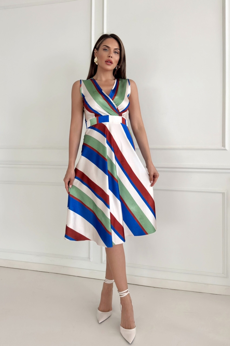 Striped Sleeveless Satin Dress - STEPS - Globality Store - Women Clothes Wholesale Turkey