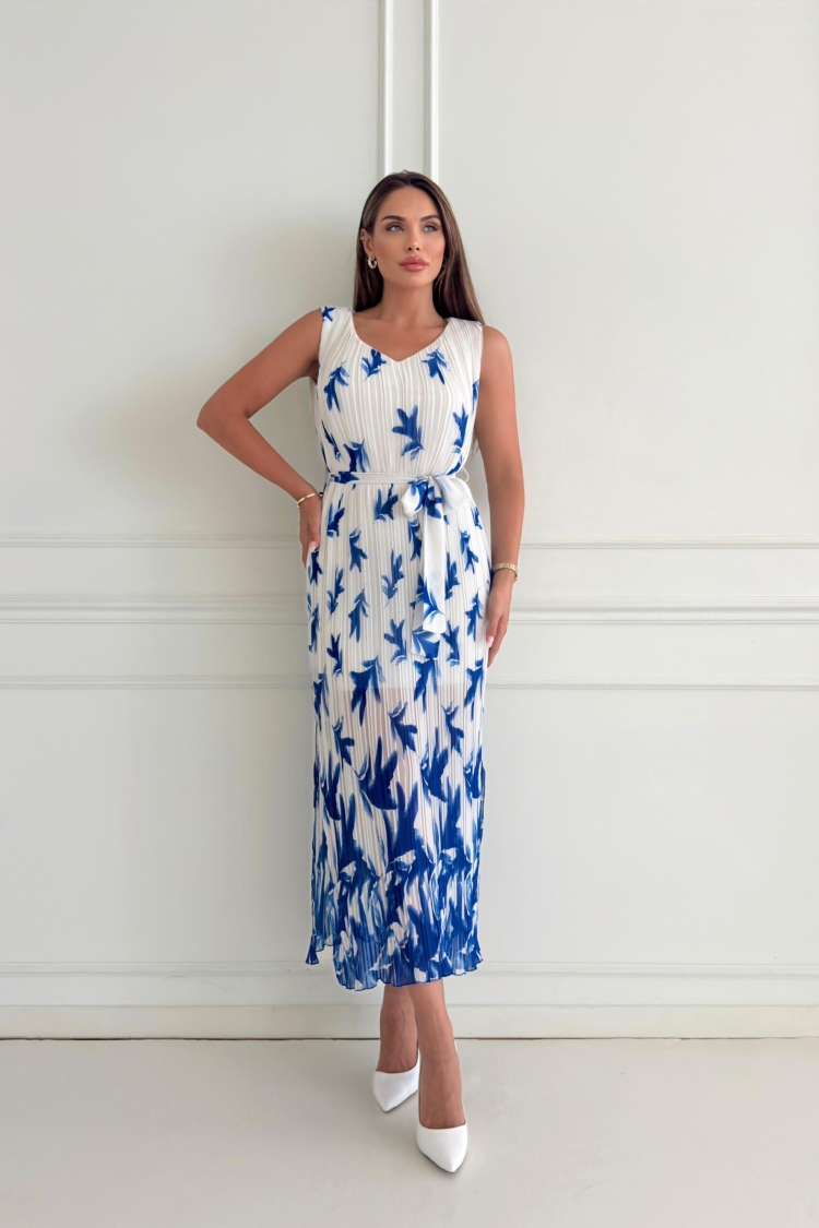 Sleeveless V Neck Beymen Pleated Long Dress - STEPS - Globality Store - Women Clothes Wholesale Turkey