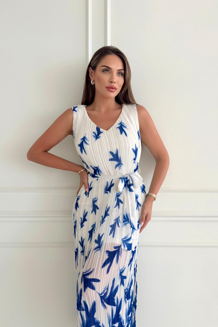 Sleeveless V Neck Beymen Pleated Long Dress