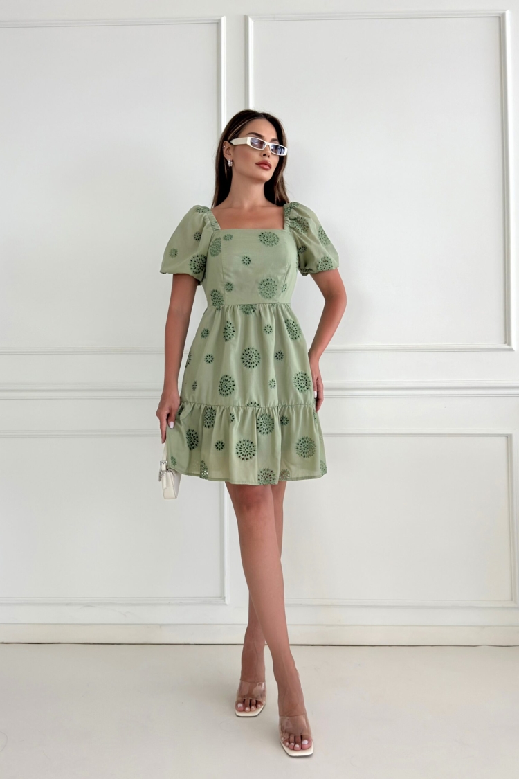 Square Collar Balloon Sleeve Embroidered Dress