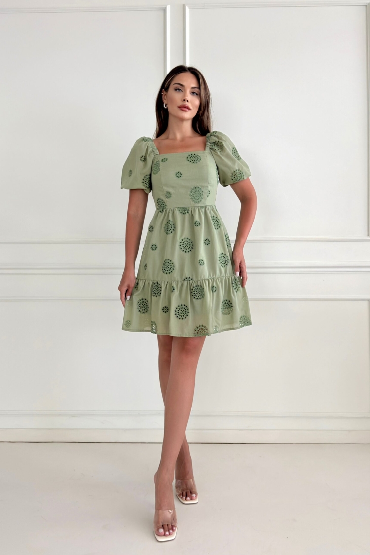 Square Collar Balloon Sleeve Embroidered Dress - STEPS - Globality Store - Women Clothes Wholesale Turkey