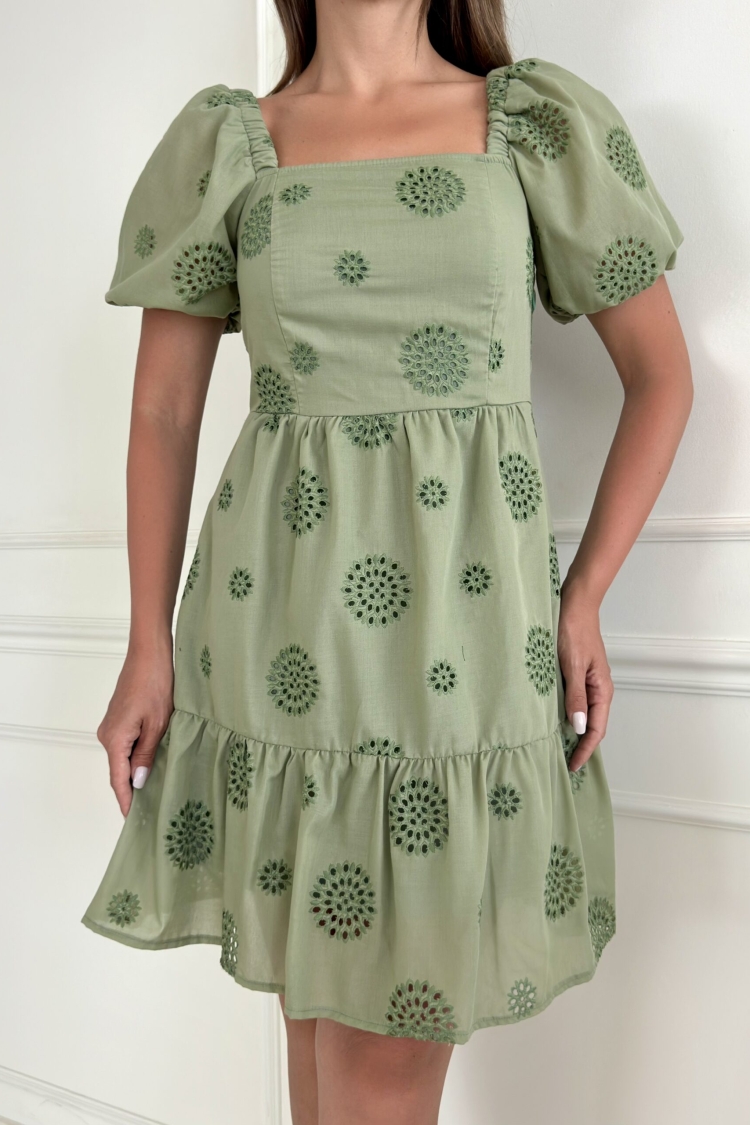 Square Collar Balloon Sleeve Embroidered Dress