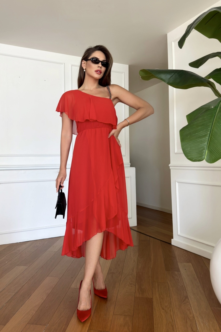 Chiffon Dress With Stones On The Shoulder - STEPS - Globality Store - Women Clothes Wholesale Turkey