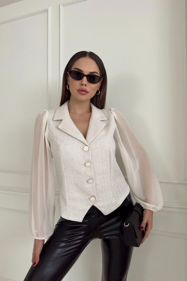 Chiffon Sleeve Boucle Jacket - STEPS - Globality Store - Women Clothes Wholesale Turkey