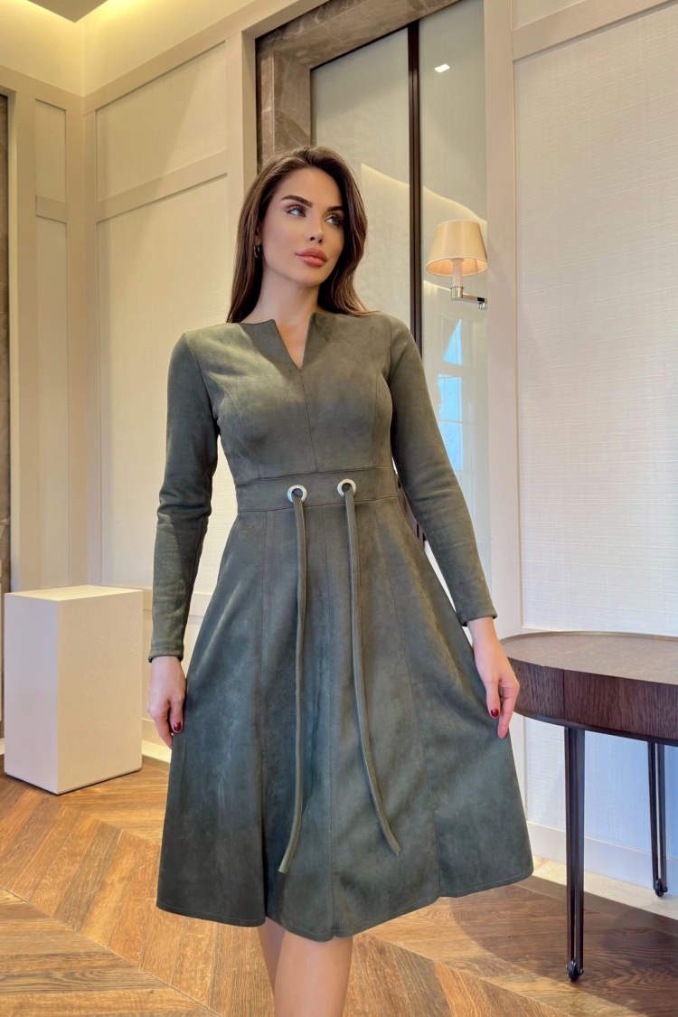 Slit Collar Suede Dress With Eyelet Stitching - STEPS - Globality Store - Women Clothes Wholesale Turkey