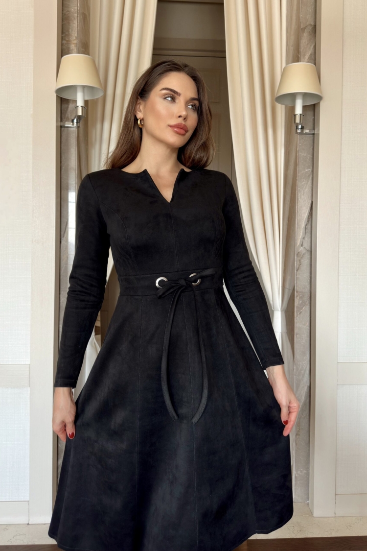 Slit Collar Suede Dress With Eyelet Stitching