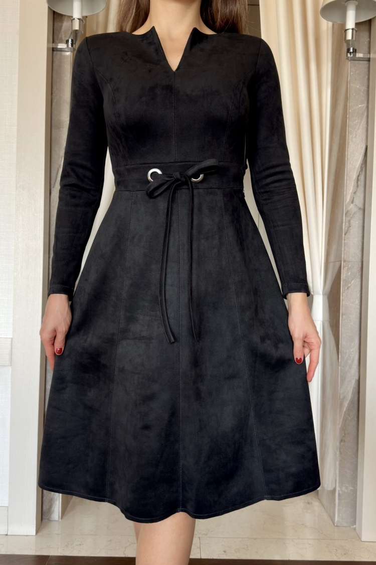 Slit Collar Suede Dress With Eyelet Stitching - STEPS - Globality Store - Women Clothes Wholesale Turkey