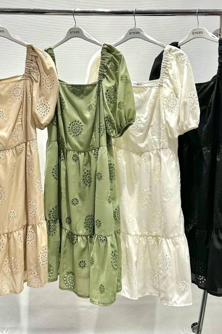 Square Collar Balloon Sleeve Embroidered Dress - STEPS - Globality Store - Women Clothes Wholesale Turkey