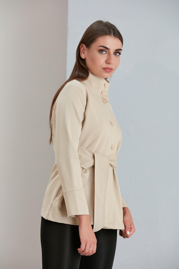 Waist Belted Double Yarn Sweatshirt Jacket - Sand