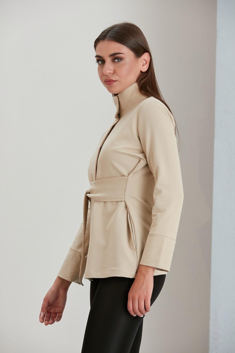 Waist Belted Double Yarn Sweatshirt Jacket - Sand