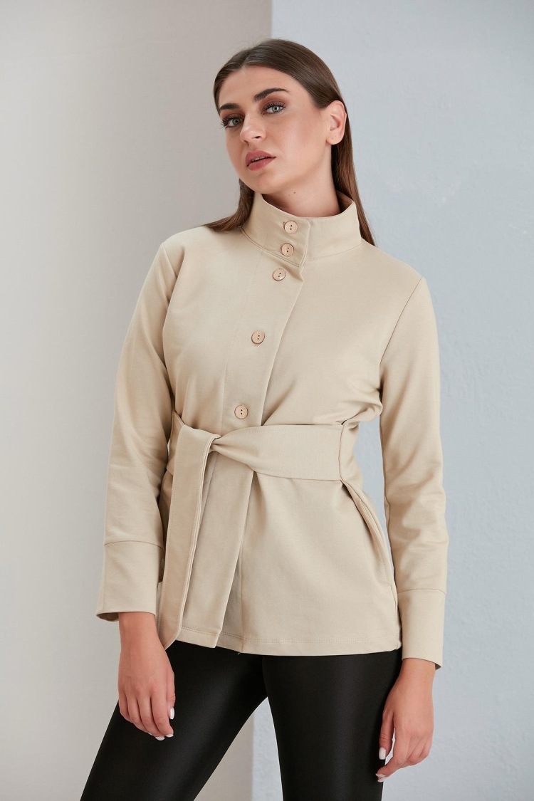 Waist Belted Double Yarn Sweatshirt Jacket - Sand - Sortie Collection - Globality Store - Women Clothes Wholesale Turkey
