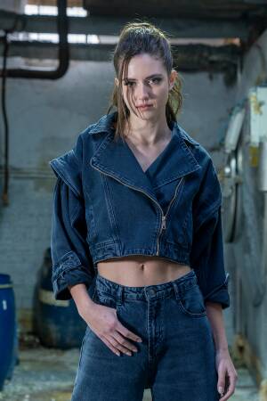 Blue Black Jacket With Elastic Waist And Sleeve Detail - LACARINO - Globality Store - Women Clothes Wholesale Turkey
