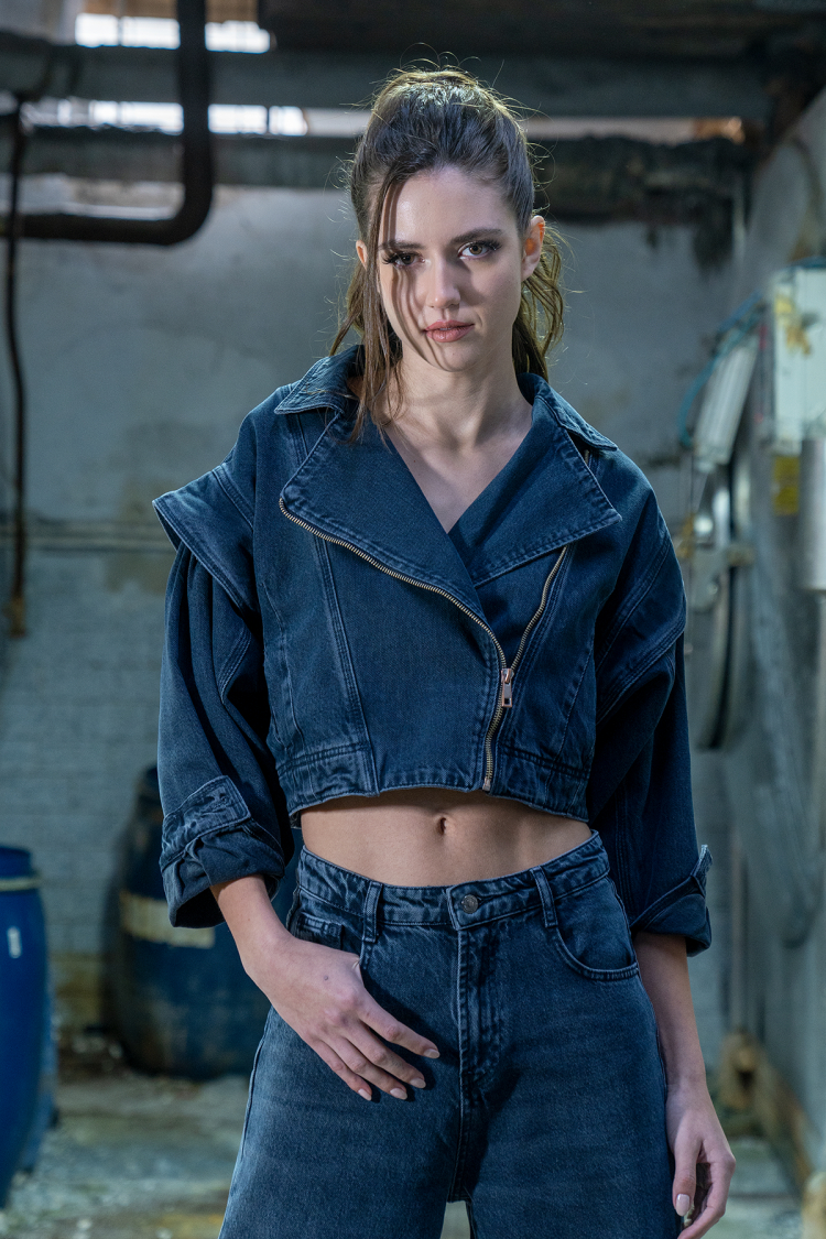Blue Black Jacket With Elastic Waist And Sleeve Detail