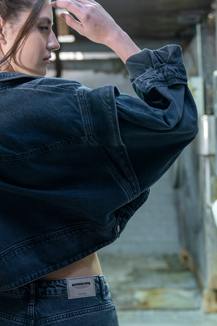 Blue Black Jacket With Elastic Waist And Sleeve Detail