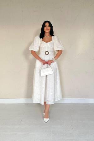 Chest Cup Detailed Belt Embroidered Dress - Ecru - Elisa - Globality Store - Women Clothes Wholesale Turkey