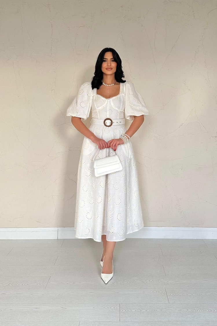 Chest Cup Detailed Belt Embroidered Dress - Ecru - Elisa - Globality Store - Women Clothes Wholesale Turkey