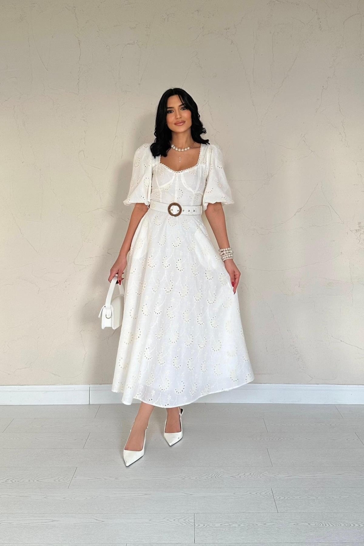 Chest Cup Detailed Belt Embroidered Dress - Ecru