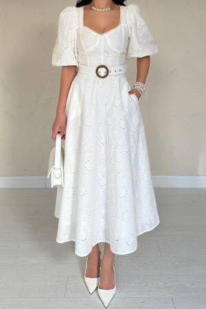 Chest Cup Detailed Belt Embroidered Dress - Ecru - Elisa - Globality Store - Women Clothes Wholesale Turkey