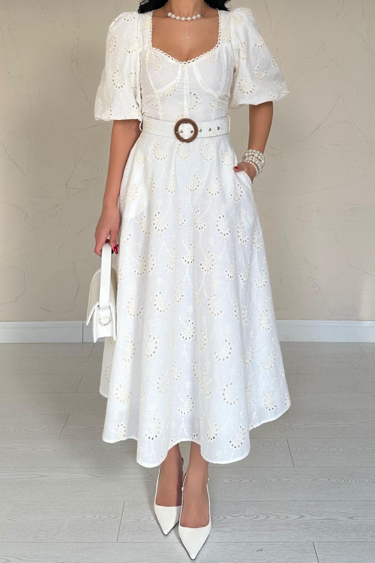 Chest Cup Detailed Belt Embroidered Dress - Ecru