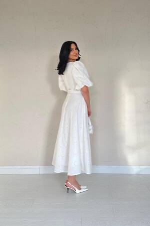 Chest Cup Detailed Belt Embroidered Dress - Ecru - Elisa - Globality Store - Women Clothes Wholesale Turkey