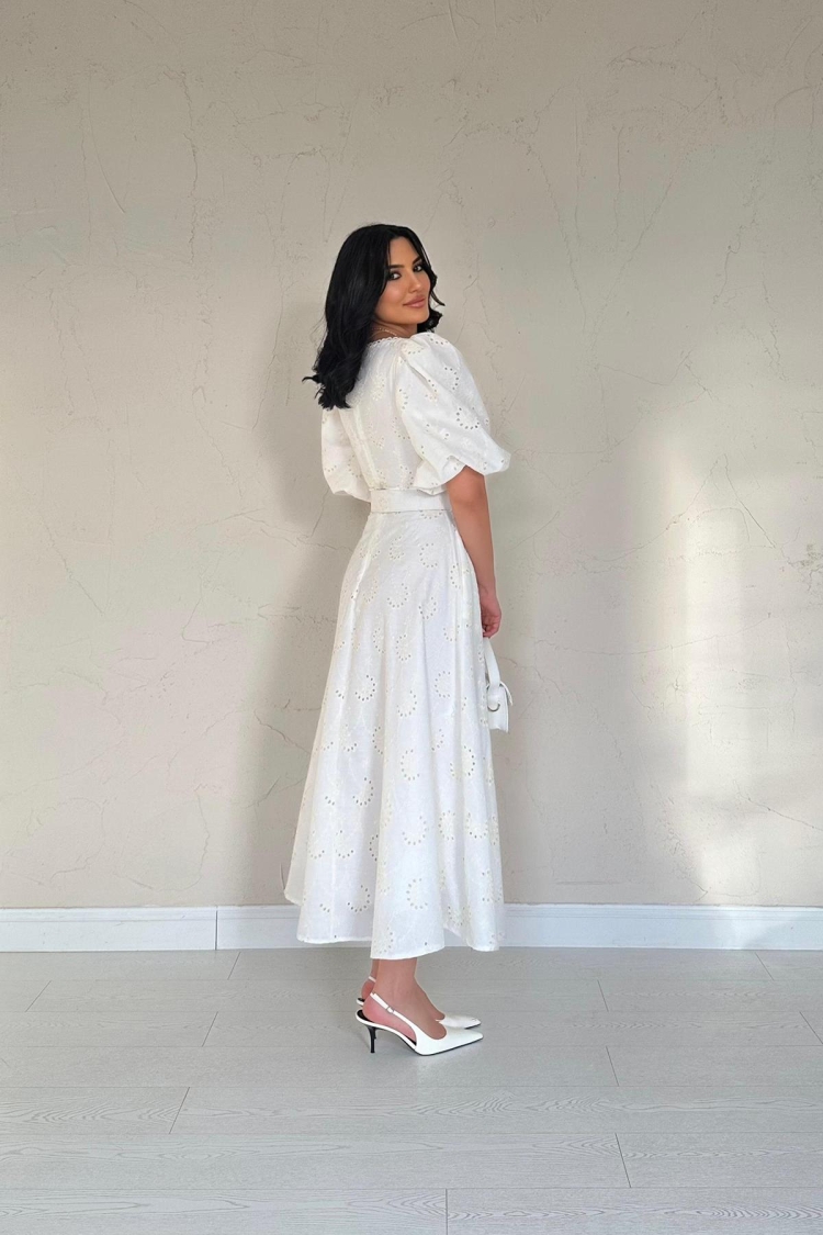 Chest Cup Detailed Belt Embroidered Dress - Ecru