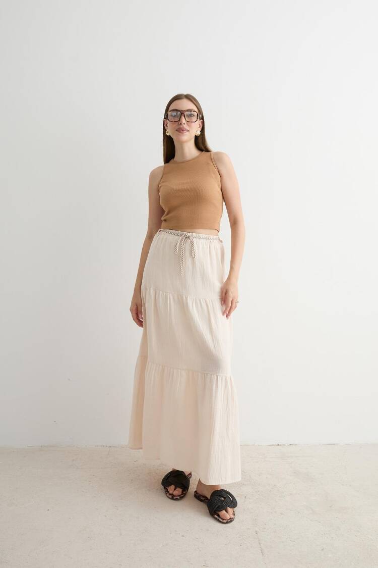 Elastic Waist And Cord Detail Long Skirt - Brand: Levure - Women's Clothing Wholesale - Globality Store