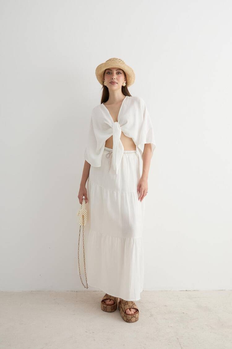 Elastic Waist And Cord Detail Long Skirt - Levure - Globality Store - Women Clothes Wholesale Turkey