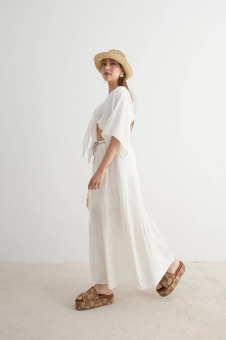Elastic Waist And Cord Detail Long Skirt