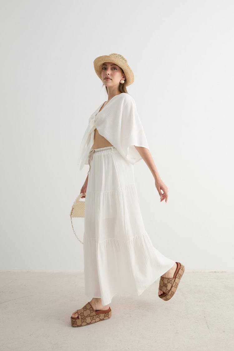 Elastic Waist And Cord Detail Long Skirt