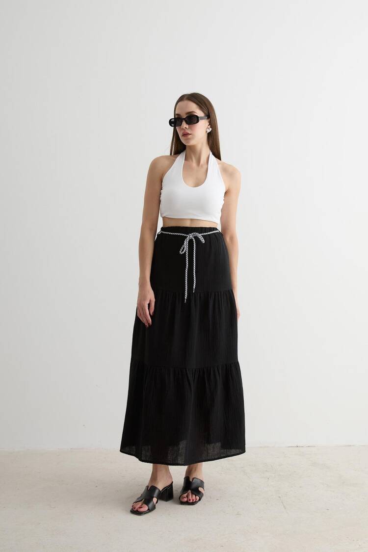 Elastic Waist And Cord Detail Long Skirt - Brand: Levure - Women's Clothing Wholesale - Globality Store