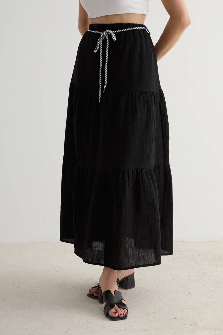 Elastic Waist And Cord Detail Long Skirt