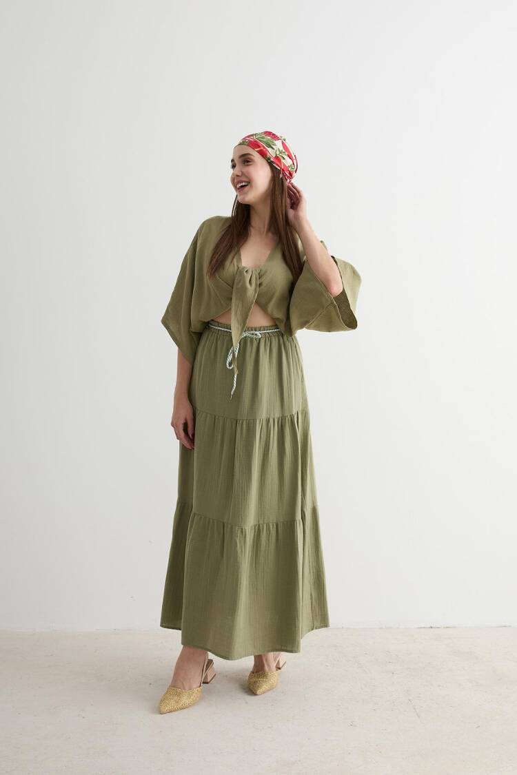 Elastic Waist And Cord Detailed Long Skirt - Brand: Levure - Women's Clothing Wholesale - Globality Store