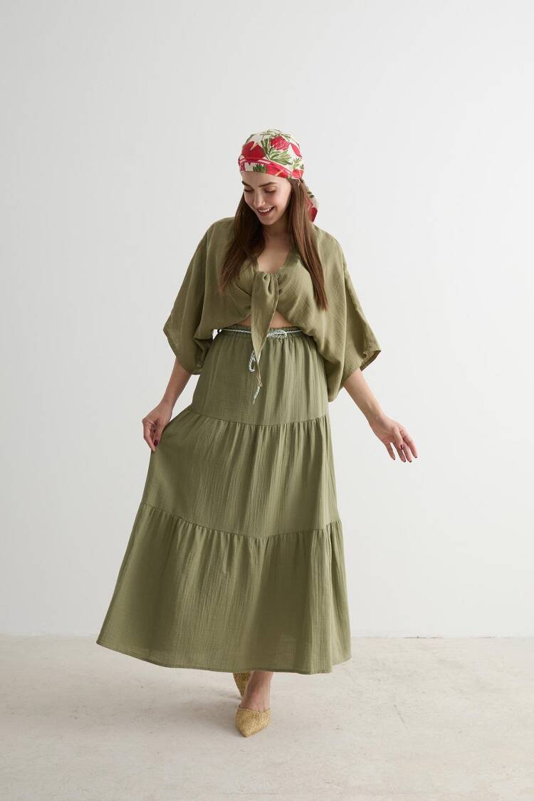 Elastic Waist And Cord Detailed Long Skirt