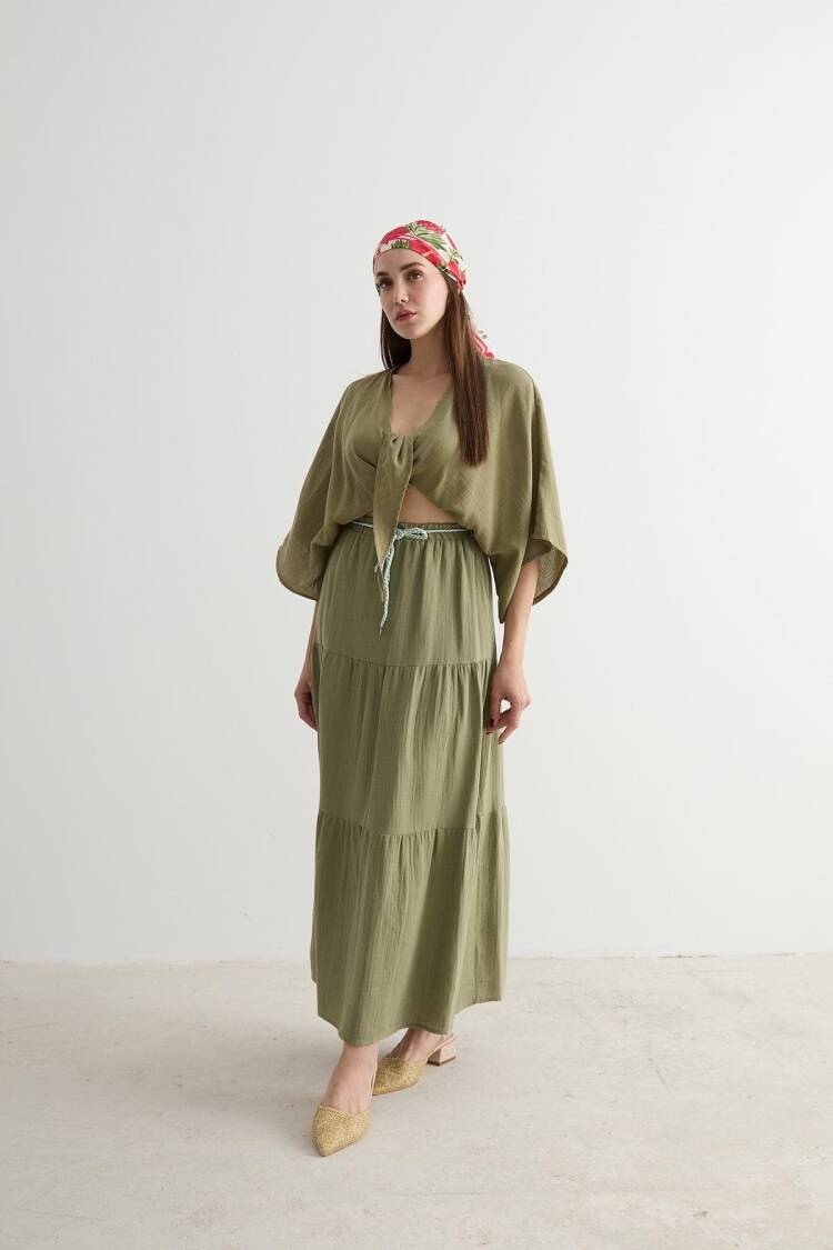 Elastic Waist And Cord Detailed Long Skirt