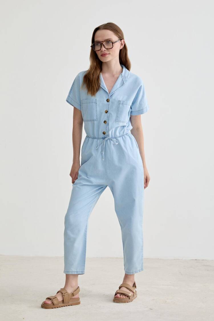 Pocket Detailed Long Jeans Jumpsuit - Blue - Levure - Globality Store - Women Clothes Wholesale Turkey