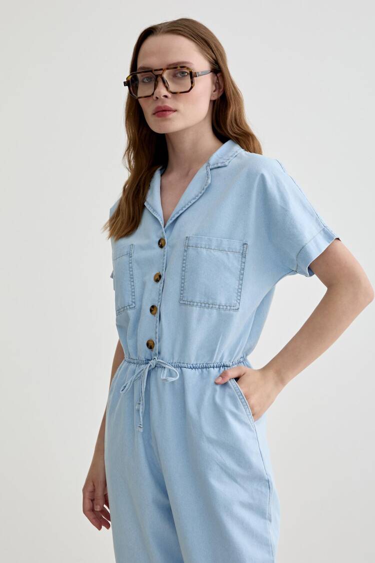 Pocket Detailed Long Jeans Jumpsuit - Blue