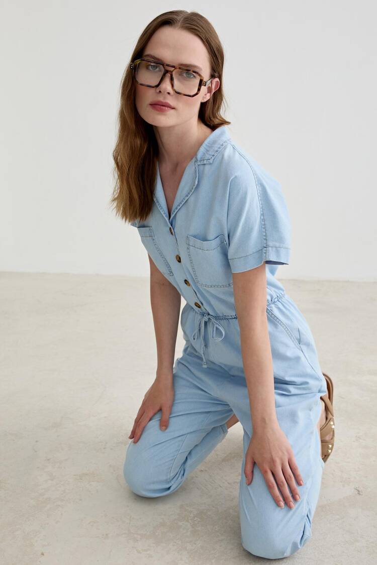Pocket Detailed Long Jeans Jumpsuit - Blue