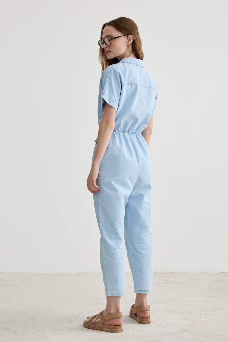 Pocket Detailed Long Jeans Jumpsuit - Blue