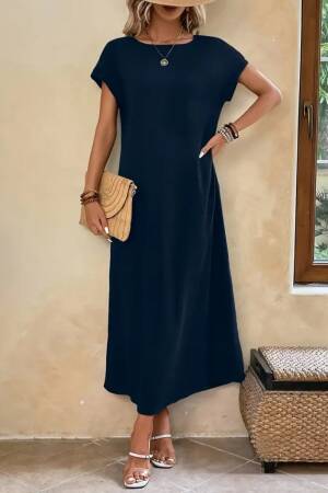 Women's Long Sleeve Collar Open Viscose Dress - Navy - Janes - Globality Store - Women Clothes Wholesale Turkey