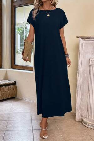 Women's Long Sleeve Collar Open Viscose Dress - Navy - Janes - Globality Store - Women Clothes Wholesale Turkey