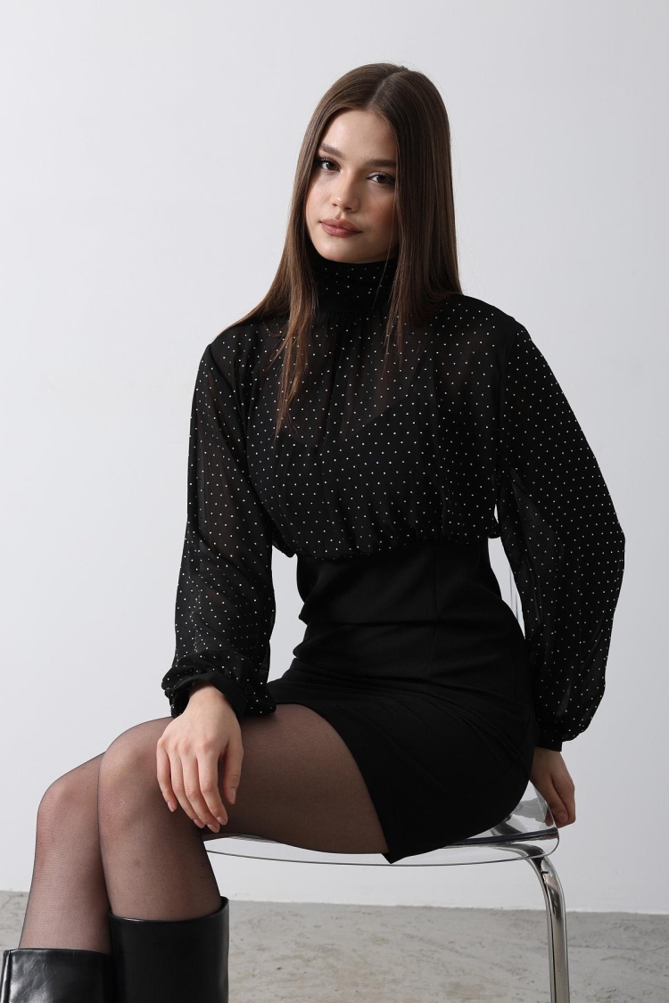 Stone Chiffon Dress - - Black - Reyon - Globality Store - Women Clothes Wholesale Turkey